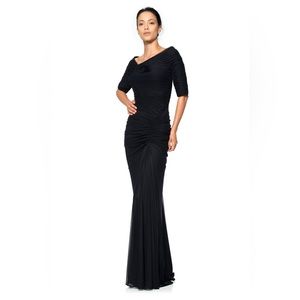 Tadashi Shoji Draped Ruched Mesh Gown in Black Size L